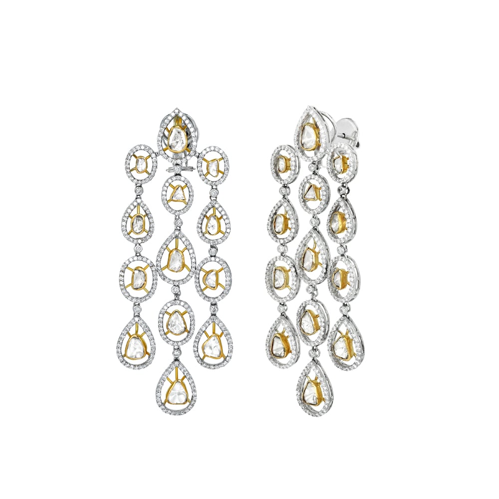 Chandelier Earrings with Pear-Shaped Polki and Diamond Halo